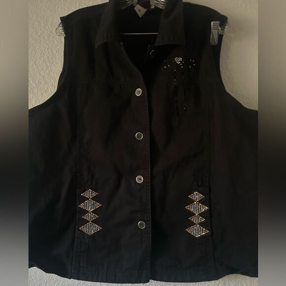 Vintage Embroidered 1X Women’s Black Cotton Button Up Vest Western Bow - Picture 3 of 10